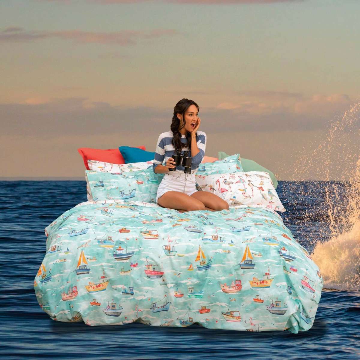 Immagine del prodotto Completo Letto Matrimoniale Paranza Barche in Percalle di Cotone | Tessitura Toscana Telerie