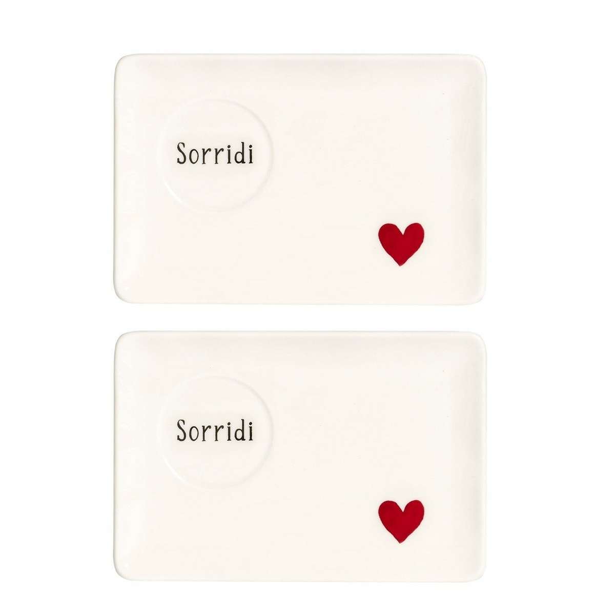 Immagine del prodotto Set 2 Piattini Rettangolari Espresso Sorridi Cuore Rosso 15x10 cm | Simple Day