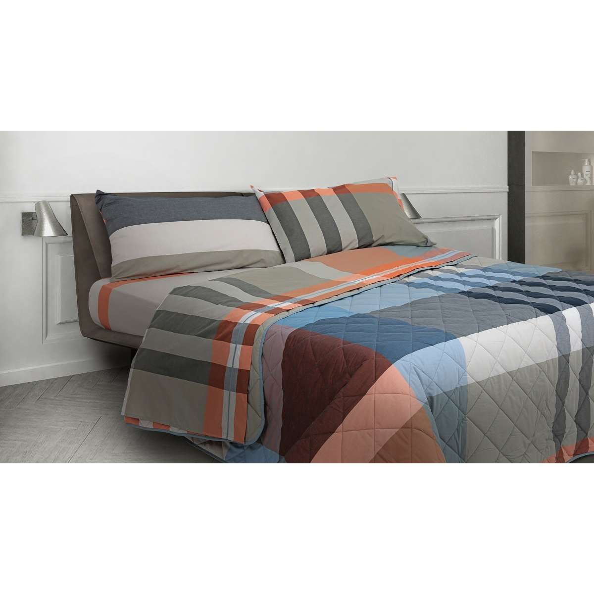 Immagine del prodotto Completo Letto Matrimoniale Liverpool Arancio Tinto in Filo in Cotone Percalle D | Daunex